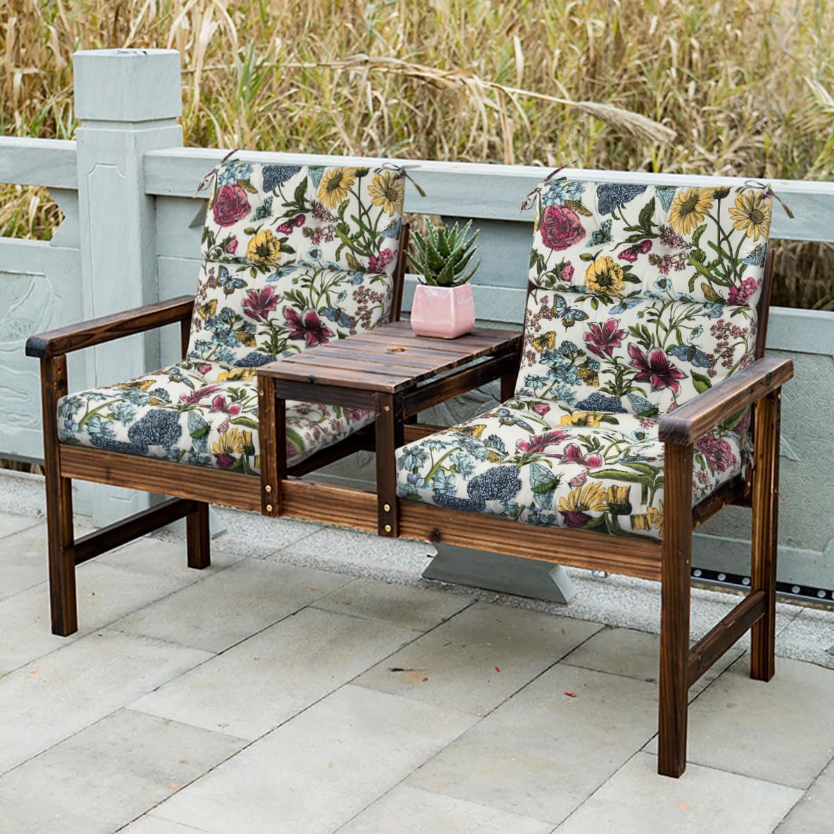 FUNHOME Outdoor High Back Chair Cushions Set of 2,Reversible Lawn Chair Cushion 44 x22 inch,Water Resistant Tufted Adirondack Chair Cushion,for Garden Rocking Chair,Patio Furniture(Butterfly Flower)