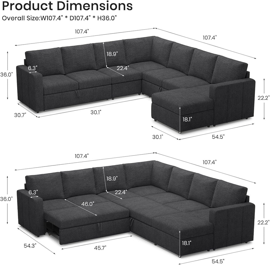 Belffin Modular Sectional Sofa with Sleeper Sofa Couch Pullout Bed, Oversized U Shaped Sleeper Sectional Couch with Storage Seat for Living Room, Dark Grey