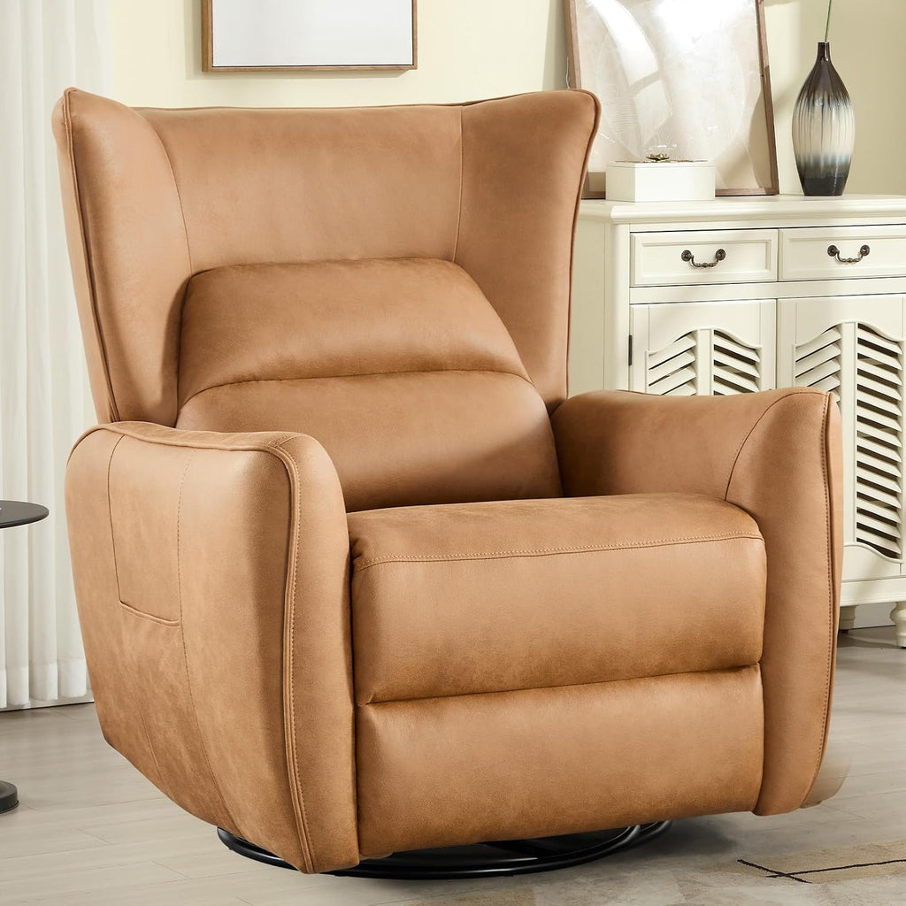 INZOY Power Swivel Rocker Recliner Glider, Oversize Electric Swivel Rocker Recliners with Highly Enveloping Backrest, Nursery Rocking Recliner Chair Fabric Reclining Sofa for Living Room, Brown