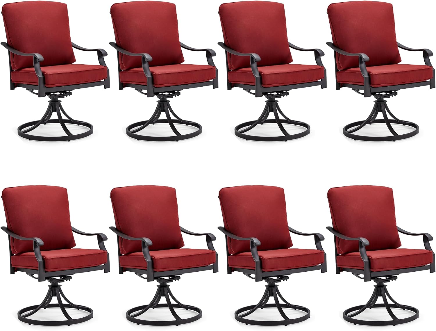 MELLCOM Patio Swivel Chair Set of 8, Heavy Duty Outdoor Dining Chairs with Thickened Cushions, Metal Patio Chairs Gentle Rocker for Outside, Garden Lawn & Porch, Backyard, Red