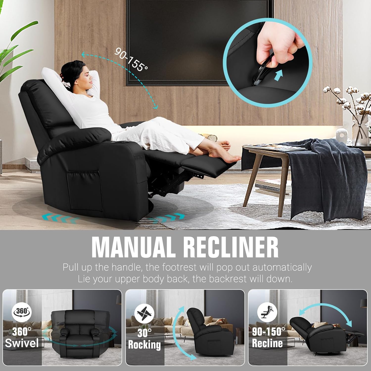 LEVELEVE Rocking Recliner Chair, Massage Rocker Recliner Chair with Vibration Massage and Heat, USB and Type-C Ports,360° Swivel Faux Leather Chairs, Living Room, Bedroom, Nursery, RV, Black