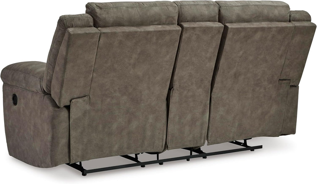 Signature Design by Ashley Laresview Contemporary Faux Leather Manual Double Reclining Loveseat with Console, Storage and Cup Holders, Gray