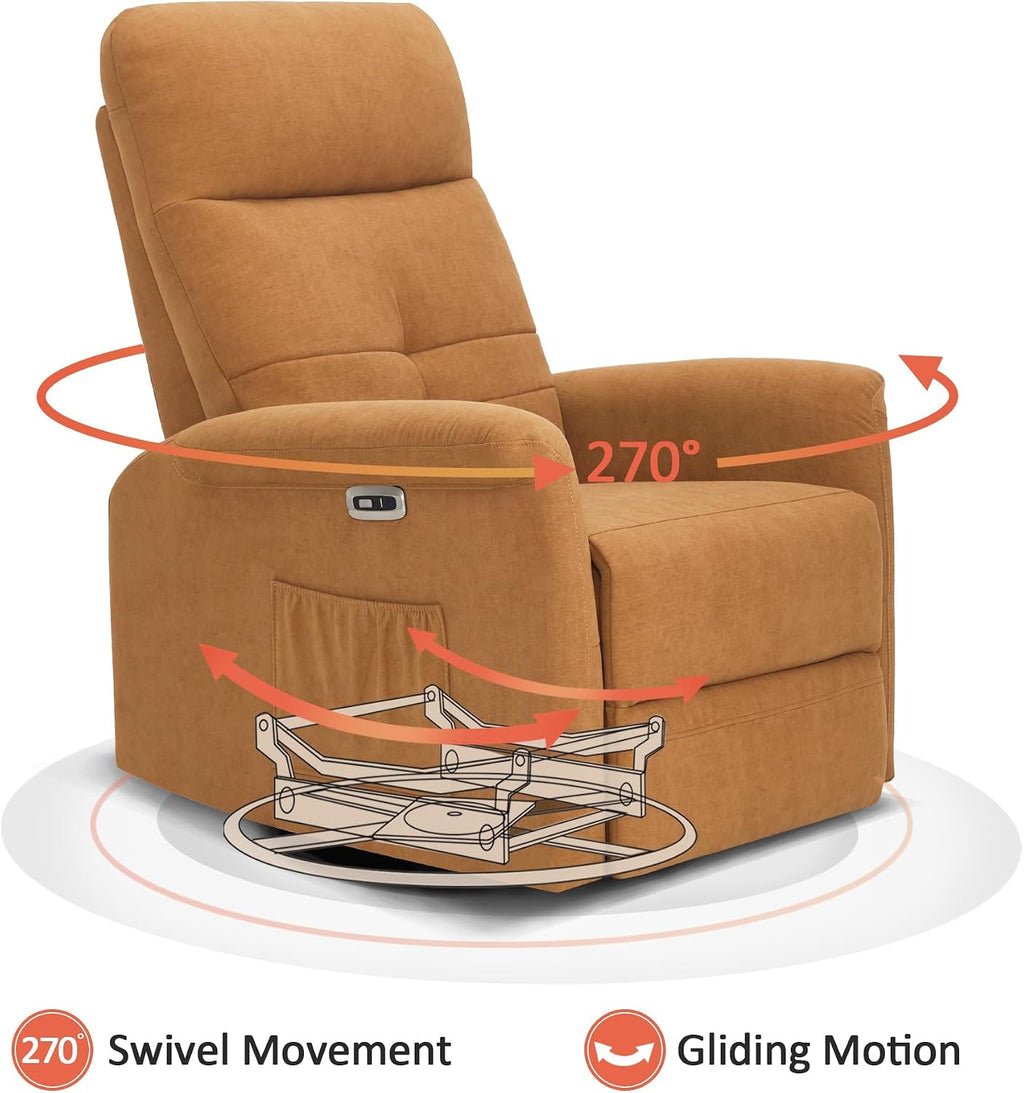 MCombo Power Swivel Glider Recliner Chair, Electric Rocker Recliner Chairs with USB Charging Ports for Living Room and Nursery, Fabric 7763 (Orange)
