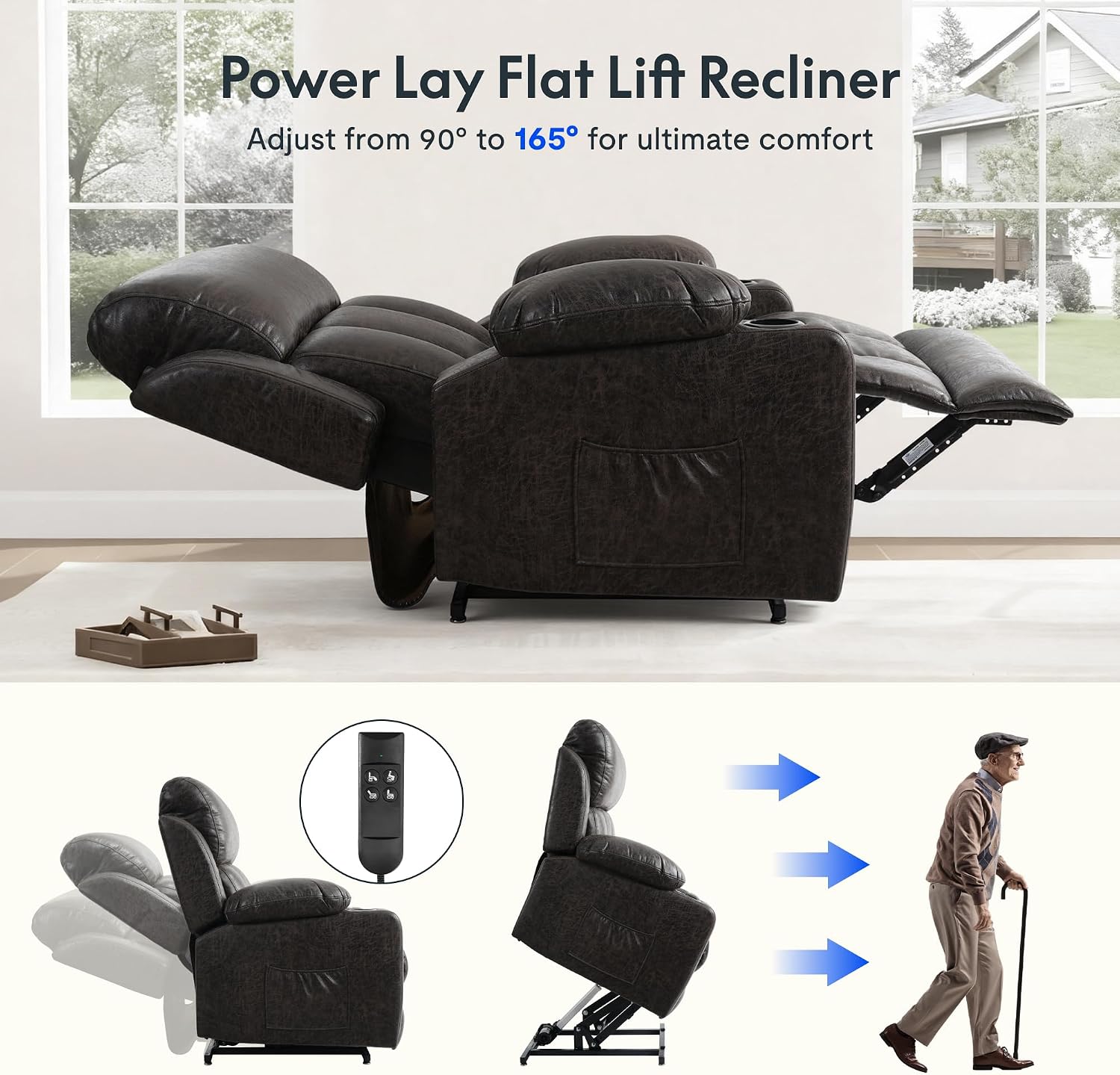 FLEXISPOT XL31-XL Oversized Power Lift Recliner Chair for Elderly, 27.4' Extra Wide Lay Flat Lift Chair w/Massage & Heat, Dual Motor Electric Reclining Chair for Big & Tall(Oversized, Dark-Grey)