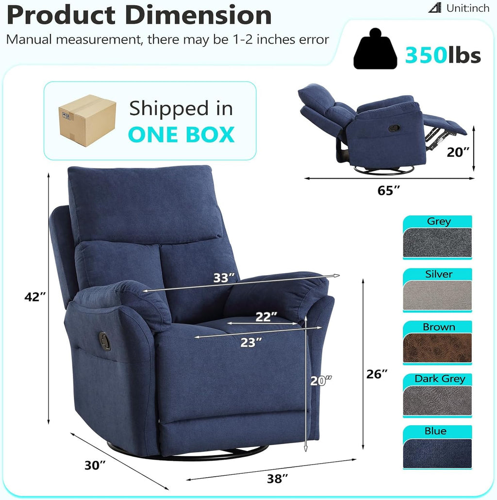 ANJ Manual Fabric Recliner Chair Set of 2, Swivel Rocker Glider, Blue