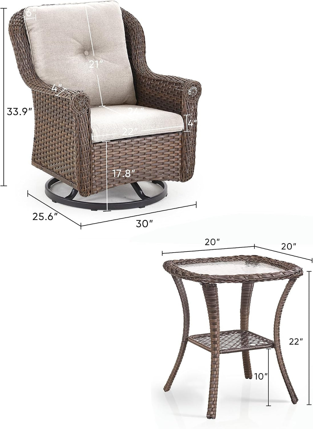 3 Piece Patio Swivel Chairs and Side Table Set - High Back Outdoor Brown Wicker Rattan Rocking Glider with Thick Cushions for Porch Apartment Deck Yard Poolside Garden - Beige