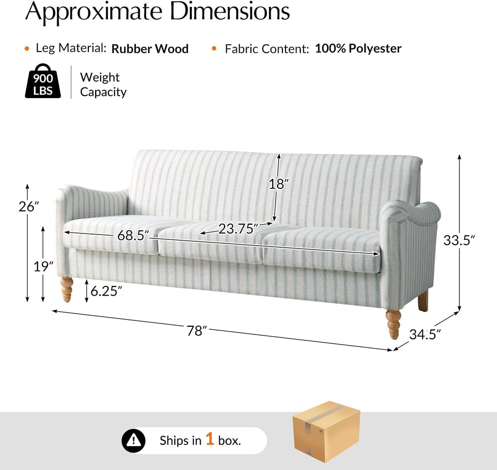 HULALA HOME Farmhouse Curved Couch with Stripe Pattern, 3 Seater Sofa with Solid Wood Spindle Legs and Rolled Wide Armrests, Comfy Upholstered Sofa for Living Room Bedroom, Blue