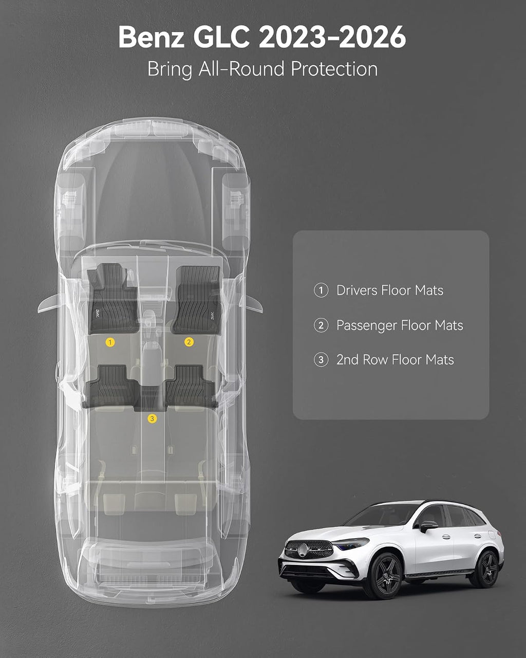 3W Floor Mats for Benz GLC 2023-2026(Coupe Only for 2024-2026), TPE All Weather Custom Fit Floor Liner for Benz Accessories GLC300/GLC350e/GLC43 AMG/GLC 63 AMG S E