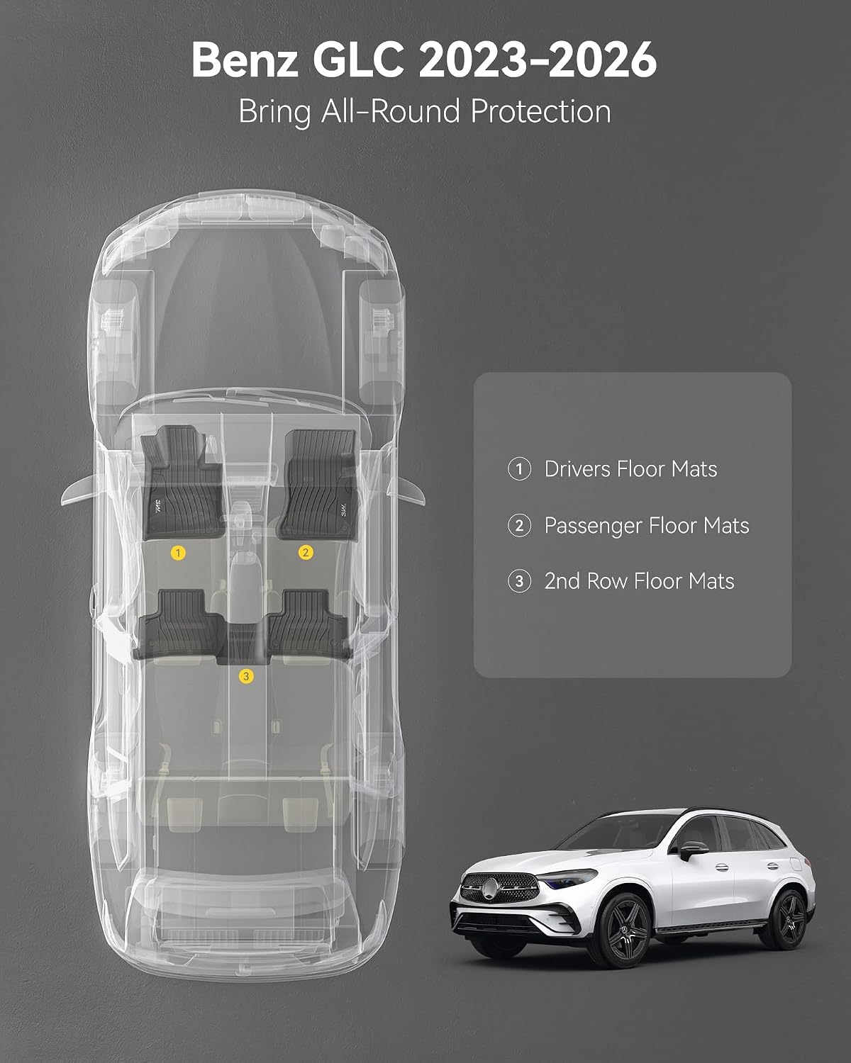 3W Floor Mats for Benz GLC 2023-2026(Coupe Only for 2024-2026), TPE All Weather Custom Fit Floor Liner for Benz Accessories GLC300/GLC350e/GLC43 AMG/GLC 63 AMG S E