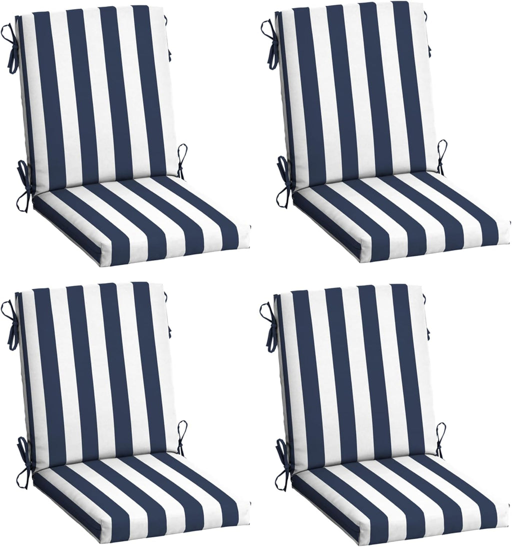 Arden 4-Pack Outdoor Patio Dining Chair Cushion, 20x44, Rain-Proof Seat Pad, Fade-Resistant Outdoor Cushion Sapphire Blue Cabana Stripe