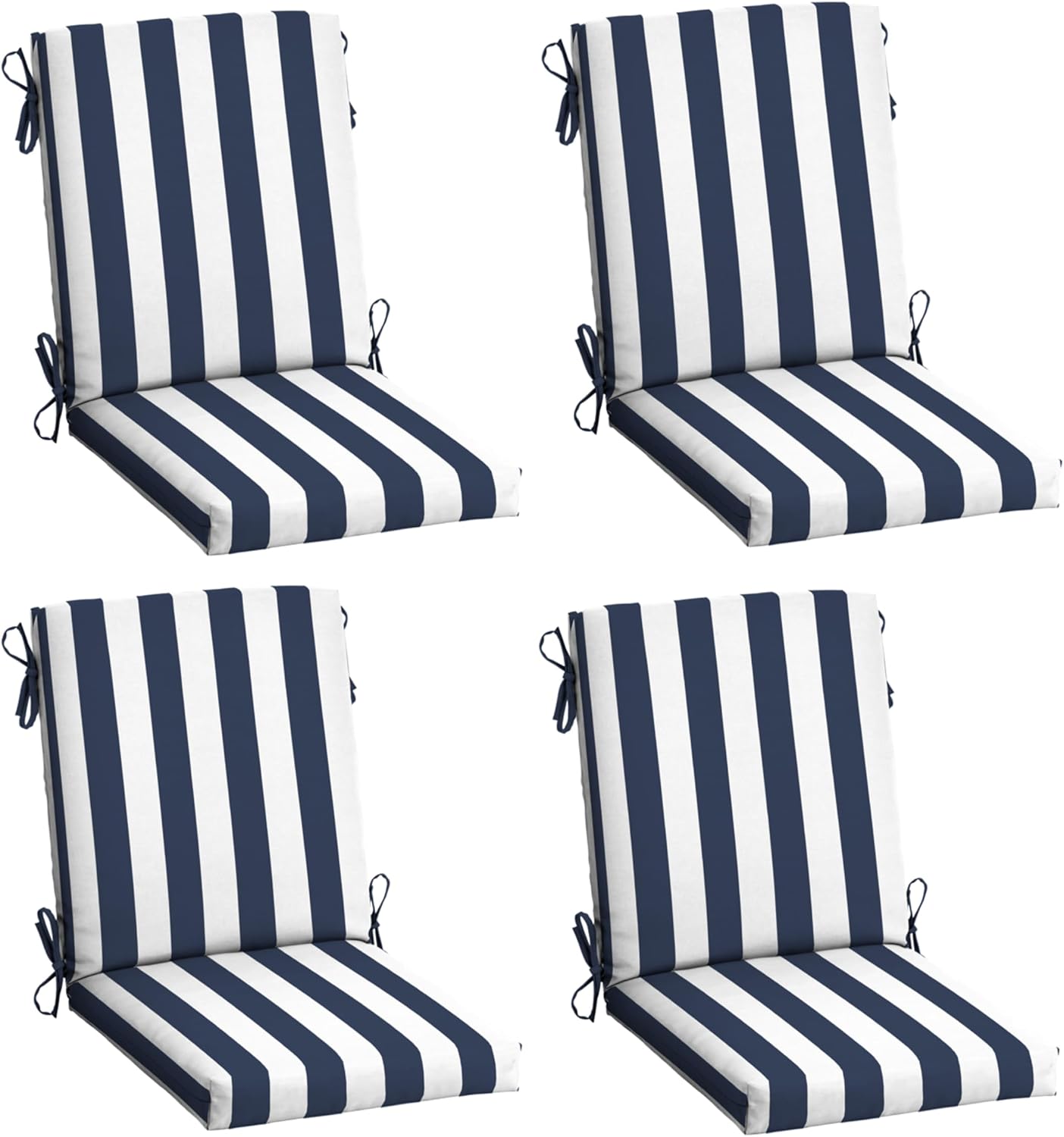 Arden 4-Pack Outdoor Patio Dining Chair Cushion, 20x44, Rain-Proof Seat Pad, Fade-Resistant Outdoor Cushion Sapphire Blue Cabana Stripe
