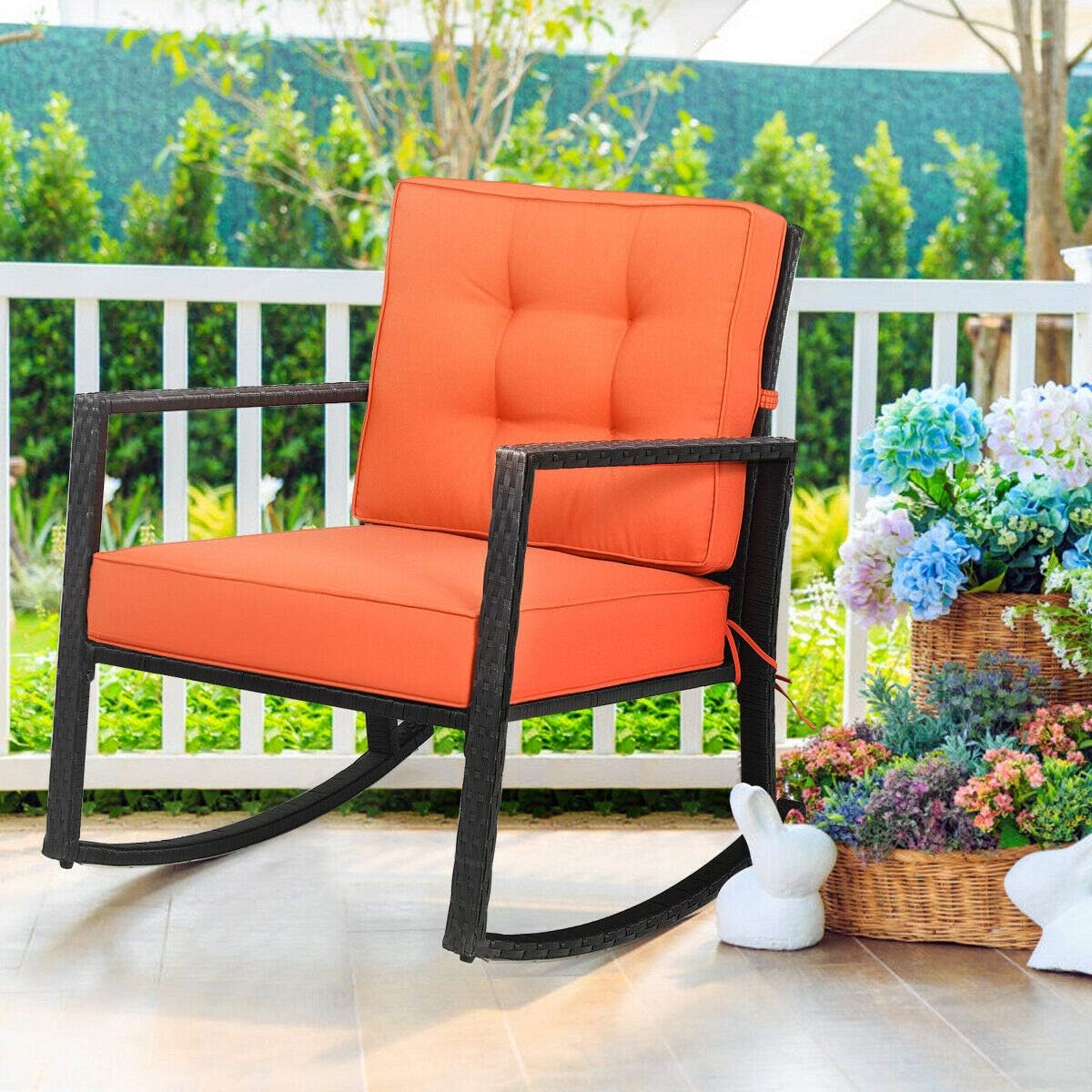 Tangkula Wicker Rocking Chair, Outdoor Glider Rattan Rocker Chair with Heavy-Duty Steel Frame, Patio Wicker Furniture Seat with 5' Thick Cushion for Garden, Porch, Backyard, Poolside (2, Orange)