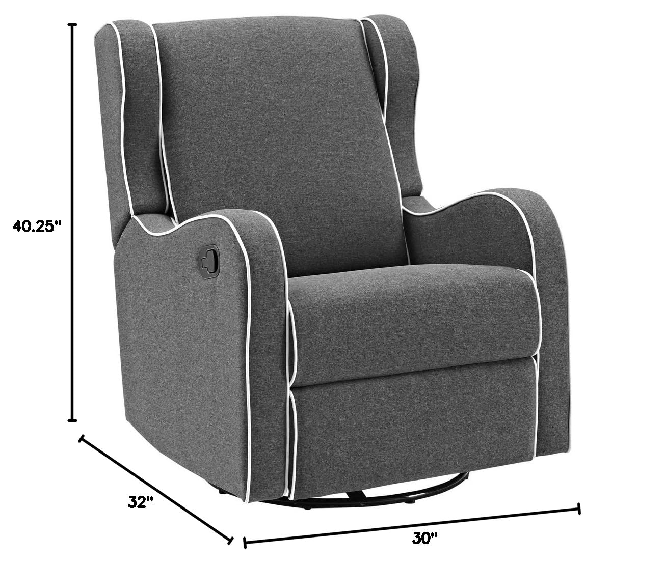 Angel Line Rebecca Upholstered Swivel Gliding Recliner, Dark Gray Linen with White Piping