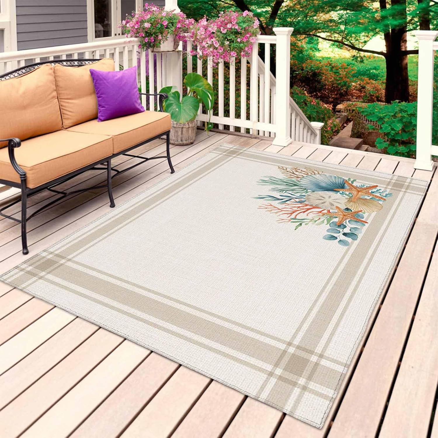Summer Coastal Outdoor Rug for Patio/Deck/Porch, Non-Slip Large Area Rug 5 x 8 Ft, Nautical Beach Marine Life Beige Striped Indoor Outdoor Rugs Washable Area Rugs, Reversible Camping Rug Carpet Runner