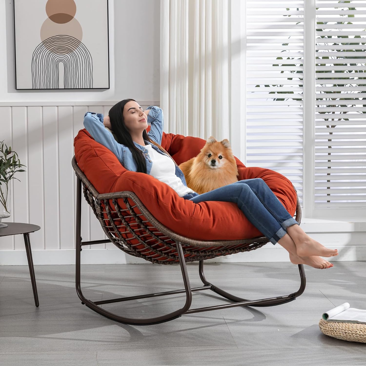 Deolme Large Papasan Rocking Chair Set of 2 with Cushion, Oversized Comfy Reading Chair Lounging Indoor Outdoor Rocker for Front Porch Backyard Bedroom Living Room Egg Chair Rattan (Orange)