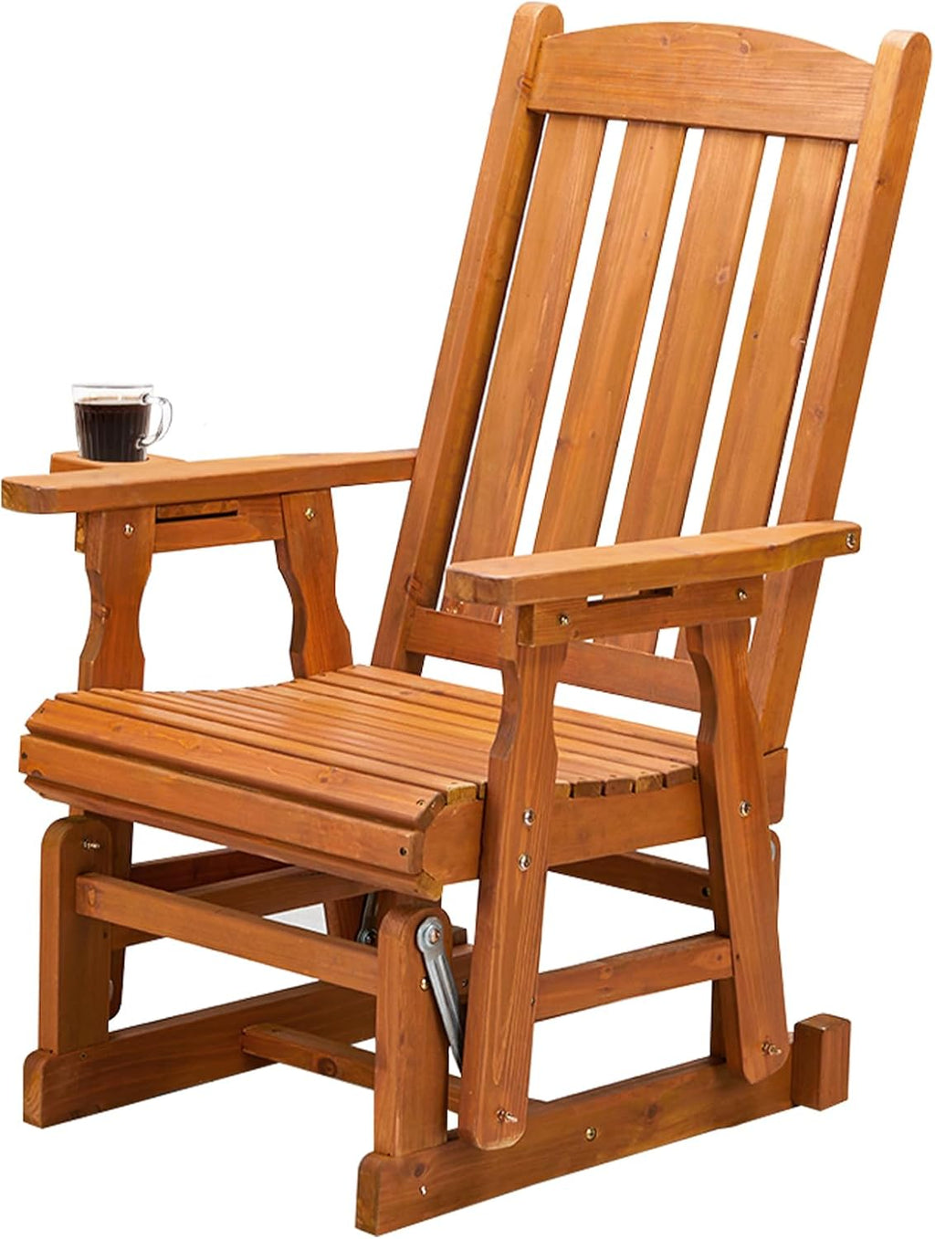 VINGLI Wooden Patio Glider, Heavy Duty 600 LBS Outdoor Glider with Cup Holders, Single Wooden Glider Bench with High Backrest for Garden, Yard, Patio, Teak