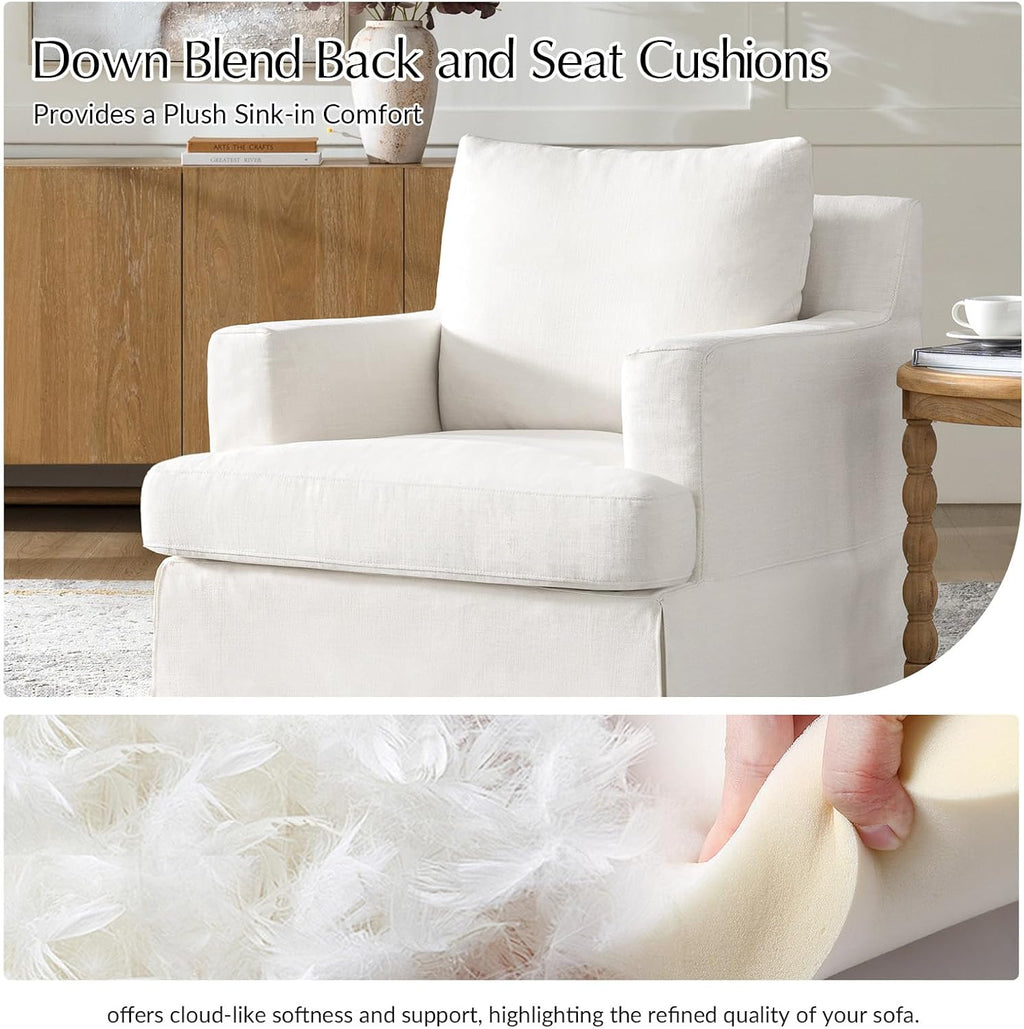 HULALA HOME Swivel Rocker Chair with Solid Wood Frame, Farmhouse Swivel Rocking Accent Chair with Washable Slipcover, Upholstered Barrel Armchair Down Blend Back and Seat Cushions, White