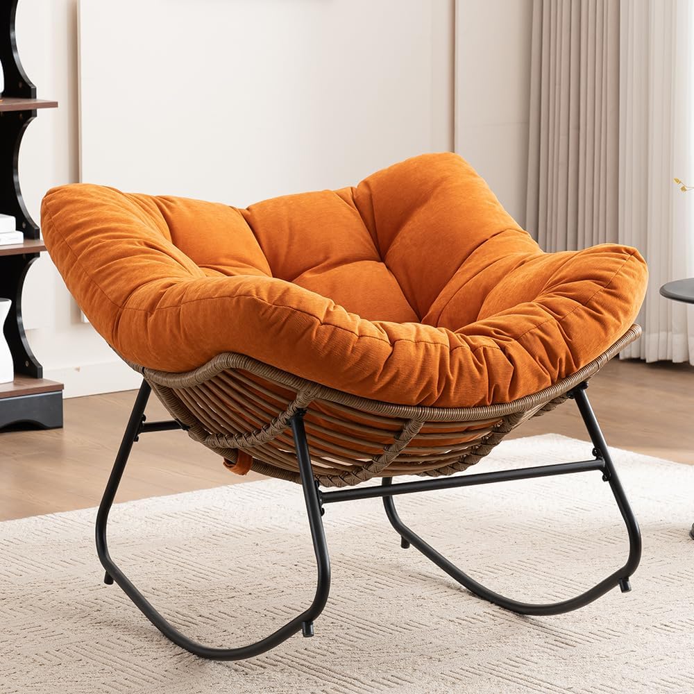 Outdoor Papasan Chair, Oversized Rocking Chair with Cushion and Metal Frame, Patio Lounge Rocking Chair for Balcony Backyard Porch Bedroom Living Room (Orange)