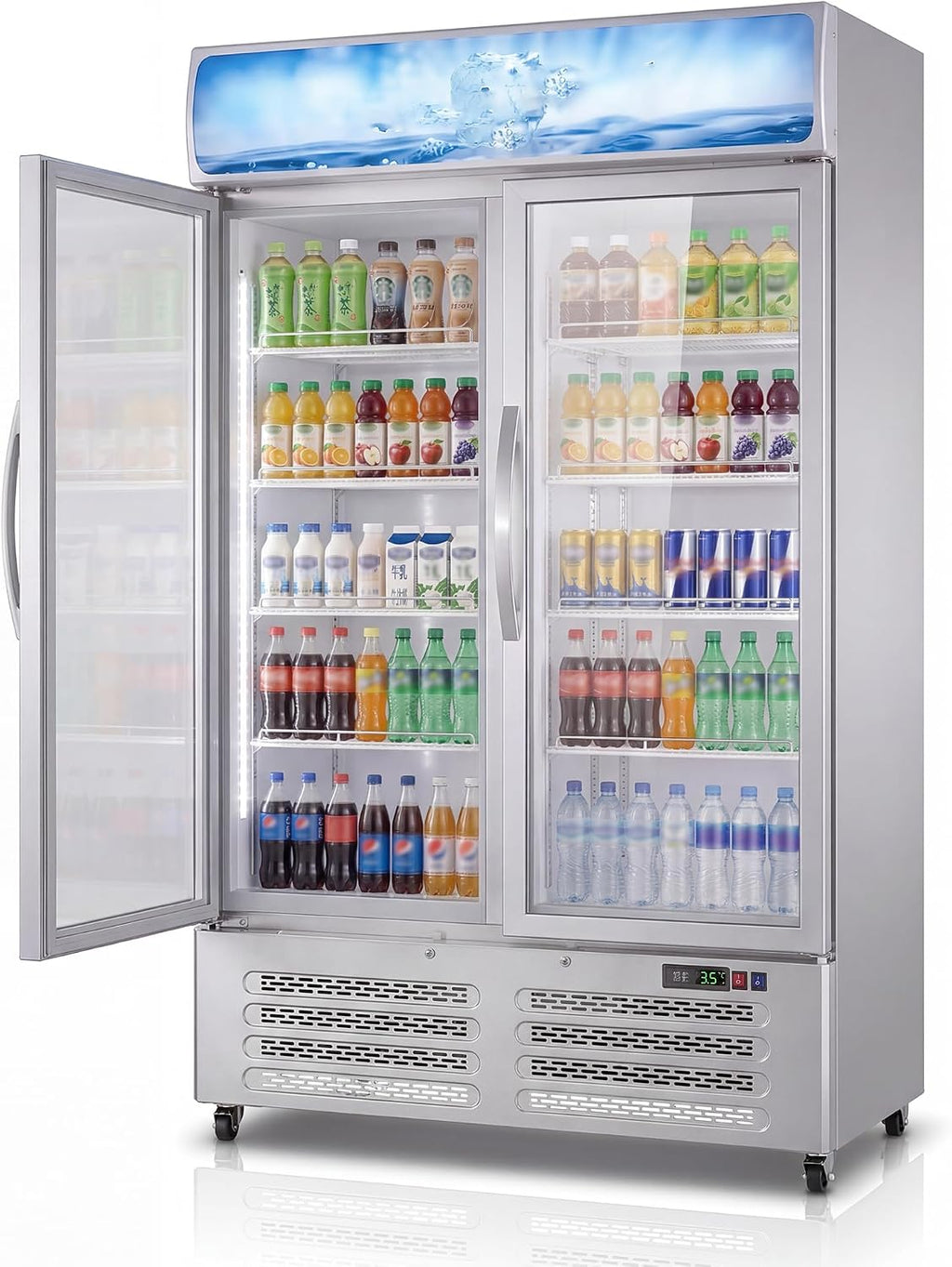 GAOMON Commercial Merchandiser Refrigerator - 25.3 Cu Ft Beverage Cooler with Glass Doors, LED Lightbox & Universal Casters for Convenience Stores, Bars, White
