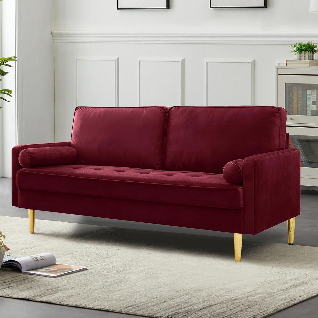 67' Modern Velvet Loveseat Sofa Couch, Mid-Century Tufted Upholstered Small Love Seat Couch with 2 Pillows & 4 Golden Legs, 2-Seats Couches for Compact Space, Living Room, Apartment (Burgundy)