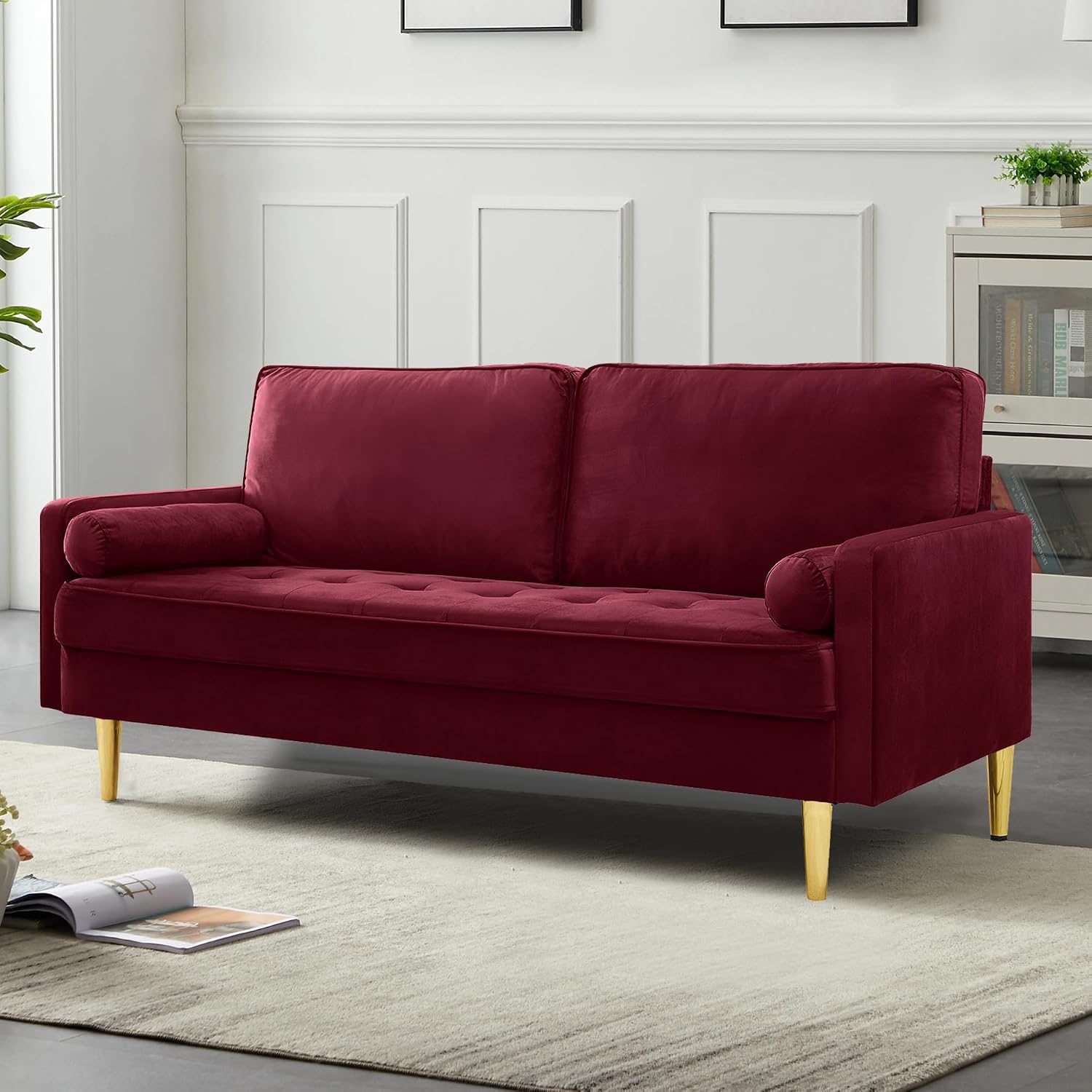 67' Modern Velvet Loveseat Sofa Couch, Mid-Century Tufted Upholstered Small Love Seat Couch with 2 Pillows & 4 Golden Legs, 2-Seats Couches for Compact Space, Living Room, Apartment (Burgundy)
