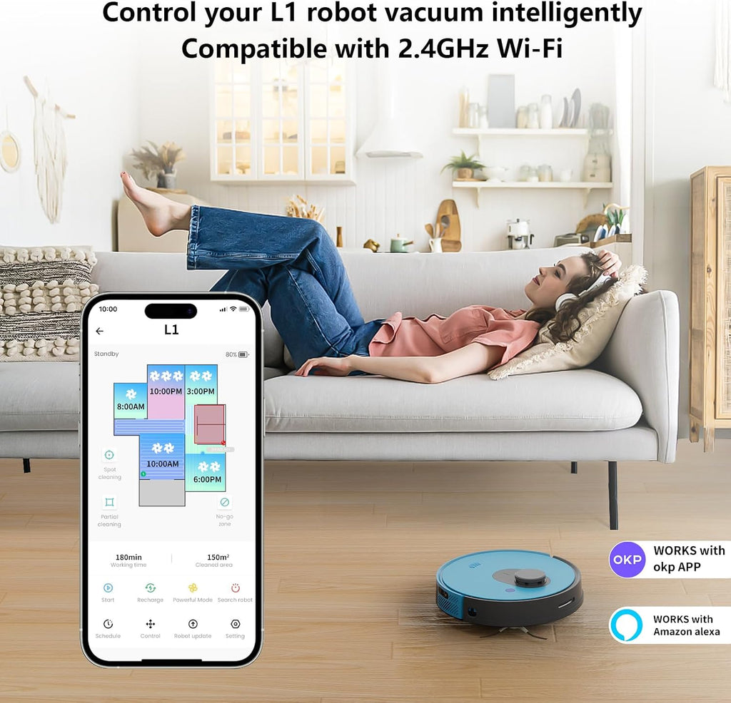 OKP Robot Vacuum L1 – 4000Pa Ultra Suction, LiDAR Mapping, Self-Cleaning Brush, WiFi/App/Alexa Control, 52dB Quiet, Ideal for Pet Hair, Carpets & Hard Floors