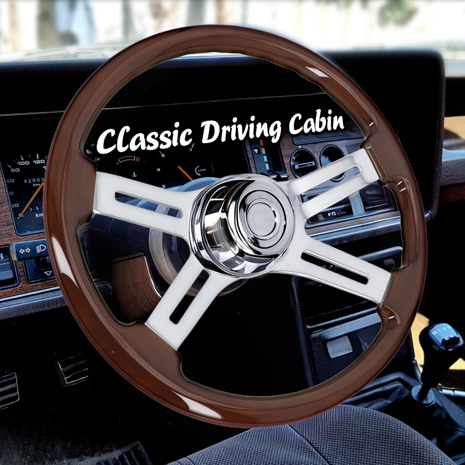 Sorghum 18' Solid Wood Steering Wheel - 4 Spokes Aluminum Chrome Classic Steering Wheel with Horn Button for Semi-Trailers Trucks Compatible with Mack Kenworth Peterbilt Volvo Freightliner