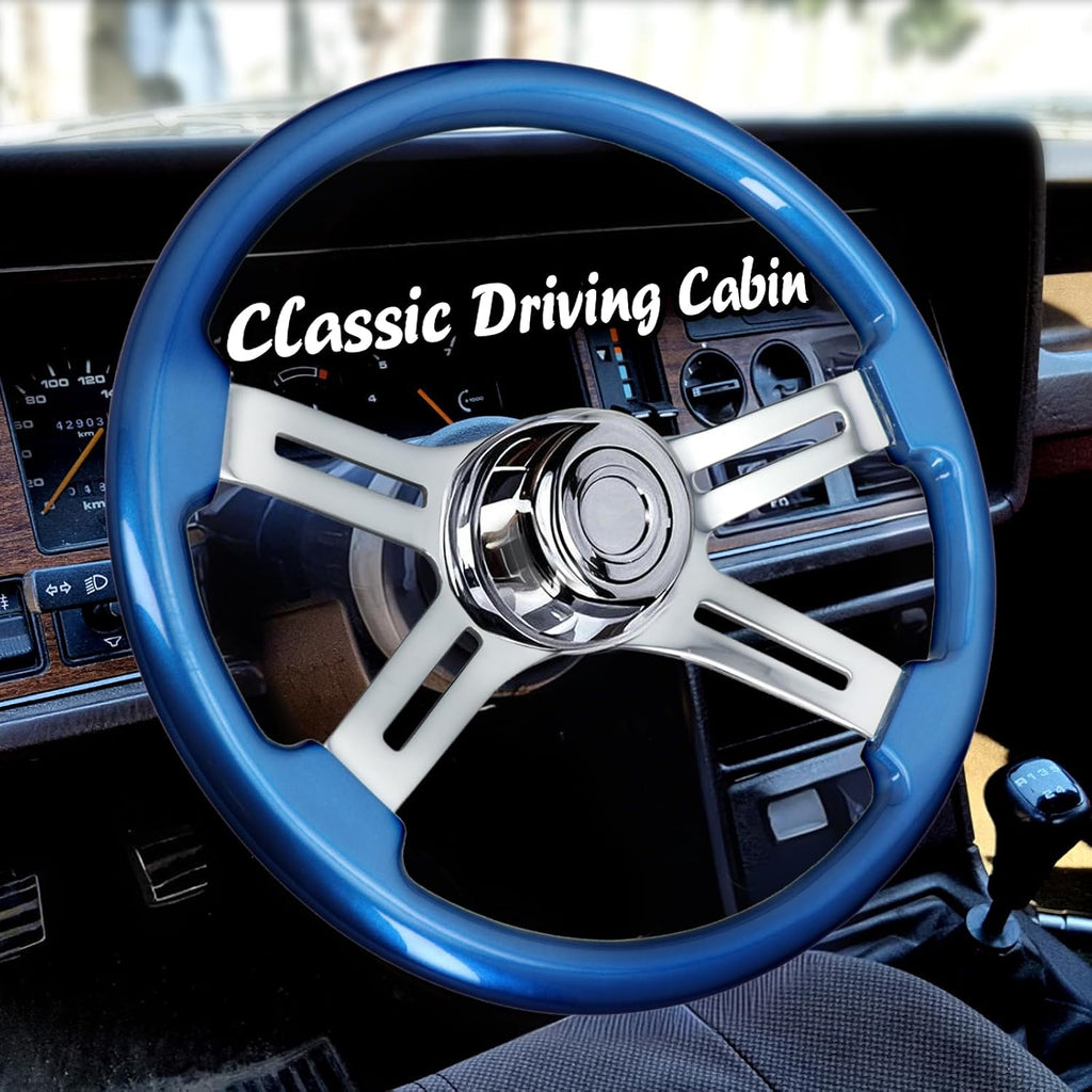 Sorghum 18' Solid Wood Steering Wheel - 4 Spokes Aluminum Chrome Classic Steering Wheel with Horn Button for Semi-Trailers Trucks Compatible with Mack Kenworth Peterbilt Volvo Freightliner-Blue