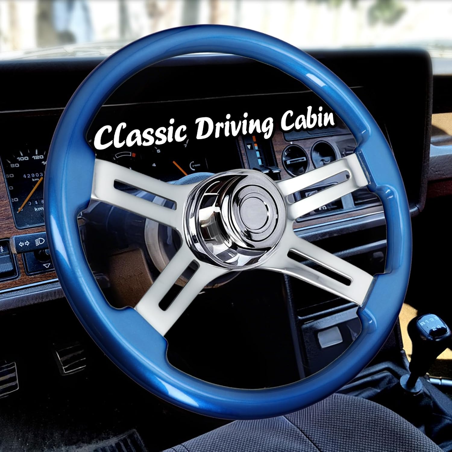 Sorghum 18' Solid Wood Steering Wheel - 4 Spokes Aluminum Chrome Classic Steering Wheel with Horn Button for Semi-Trailers Trucks Compatible with Mack Kenworth Peterbilt Volvo Freightliner-Blue