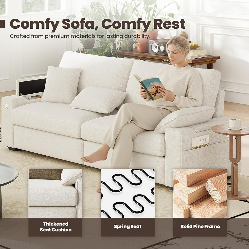 MALOL 89' Loveseat Sofa, Cloud Foam Couch, 3 Seater Upholstered Midcentury Mondern Love Seat with USB Type C Ports, 4 Pillows and Storage Armrest for Living Room/Small Spaces, Beige | Breathable material