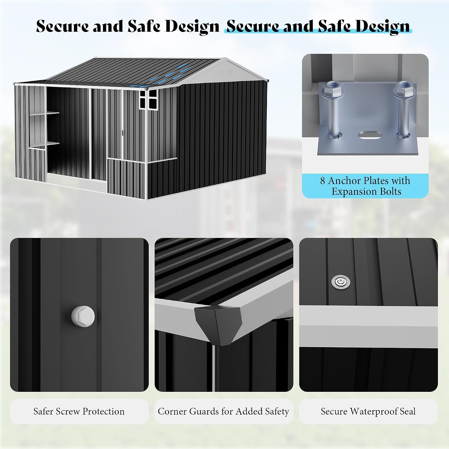 VanAcc 10×10.5×7 FT Metal Storage Shed, Dual-Zone Tool Shed with Work Area, Reinforced Frame, Gable Roof, Ventilated Design, Dark Grey