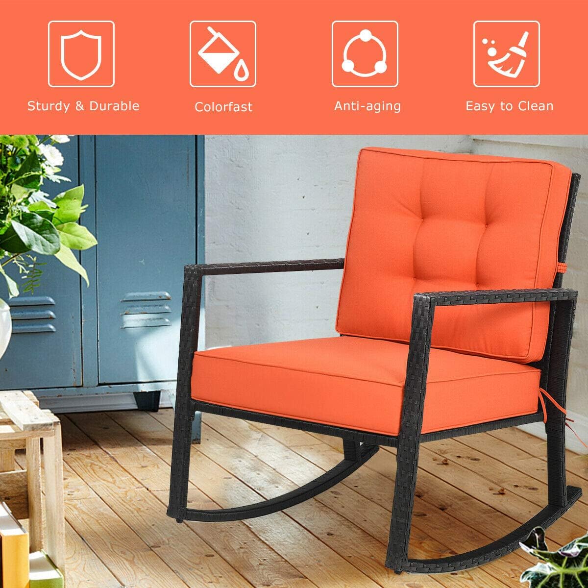 Tangkula Wicker Rocking Chair, Outdoor Glider Rattan Rocker Chair with Heavy-Duty Steel Frame, Patio Wicker Furniture Seat with 5' Thick Cushion for Garden, Porch, Backyard, Poolside (2, Orange)