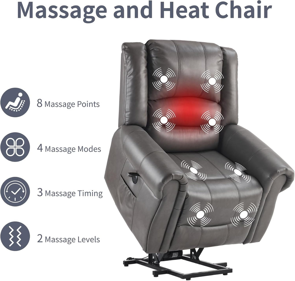 FLEXISPOT Power Lift Recliner Chair for Elderly with Massage & Heat, Faux Leather Electric Reclining Chair for Seniors with USB Ports, Cup Holders & Side Pockets(Medium Size,Charcoal Gray
