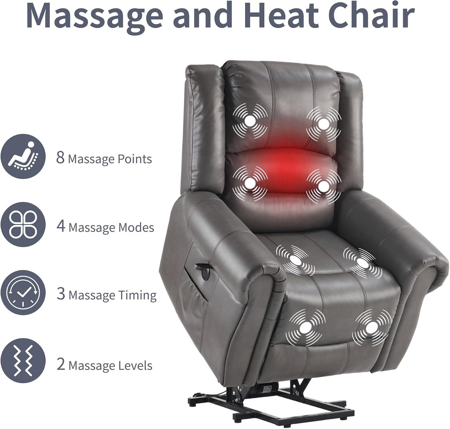 FLEXISPOT Power Lift Recliner Chair for Elderly with Massage & Heat, Faux Leather Electric Reclining Chair for Seniors with USB Ports, Cup Holders & Side Pockets(Medium Size,Charcoal Gray