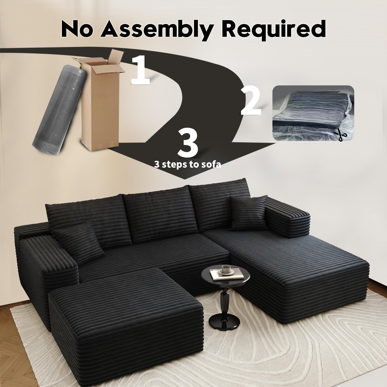 107.5' Cloud Sectional Couch with 1 Ottoman,Modern Modular Sofa with Deep Seat, Comfort U Shaped Sofa Couches for Living Room Bedroom Apartments,No Assembly Required, (Black,Right Facing Chaise)