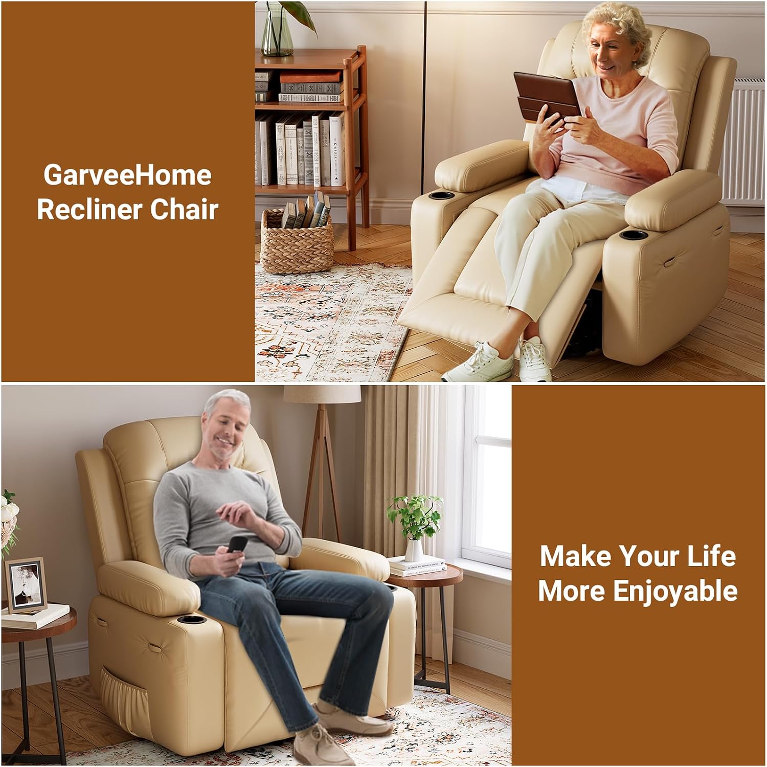GarveeHome Recliner Chair, 360° Swivel Rocker Recliners with Heat & Massage, Soft Lazy Boy Recliner Chair with 2 Cup Holders and Side Pocket for Living Room Bedrooms and Nurseries (Beige, 22')