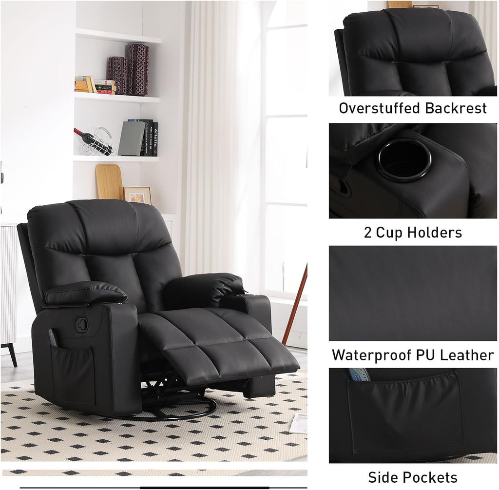 Bonzy Home Oversized Swivel Rocker Recliner, 40' Rocking Recliner Chair with Heated and Massage, PU Leather Single Sofa with Swivel Function, 2 Cup Holders for Living Room Bedroom, Black