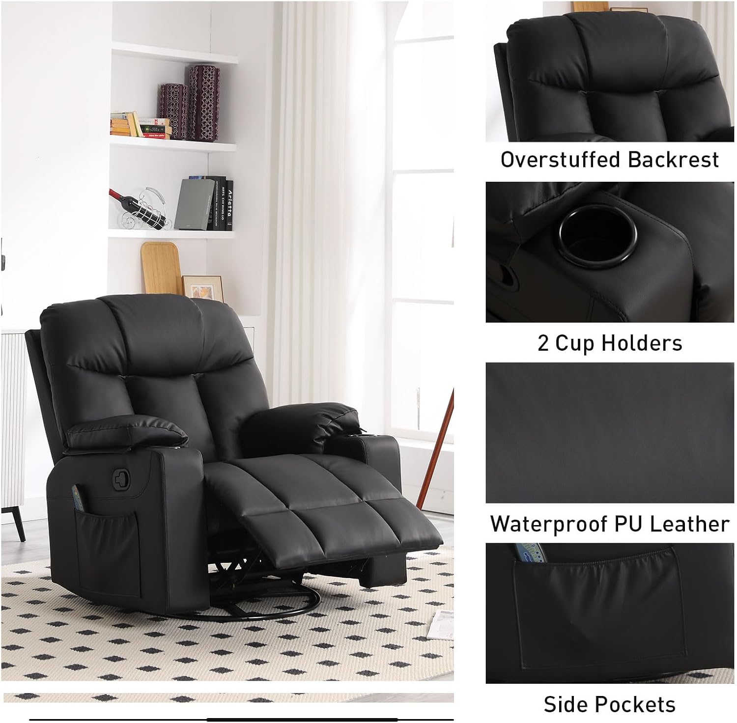 Bonzy Home Oversized Swivel Rocker Recliner, 40' Rocking Recliner Chair with Heated and Massage, PU Leather Single Sofa with Swivel Function, 2 Cup Holders for Living Room Bedroom, Black