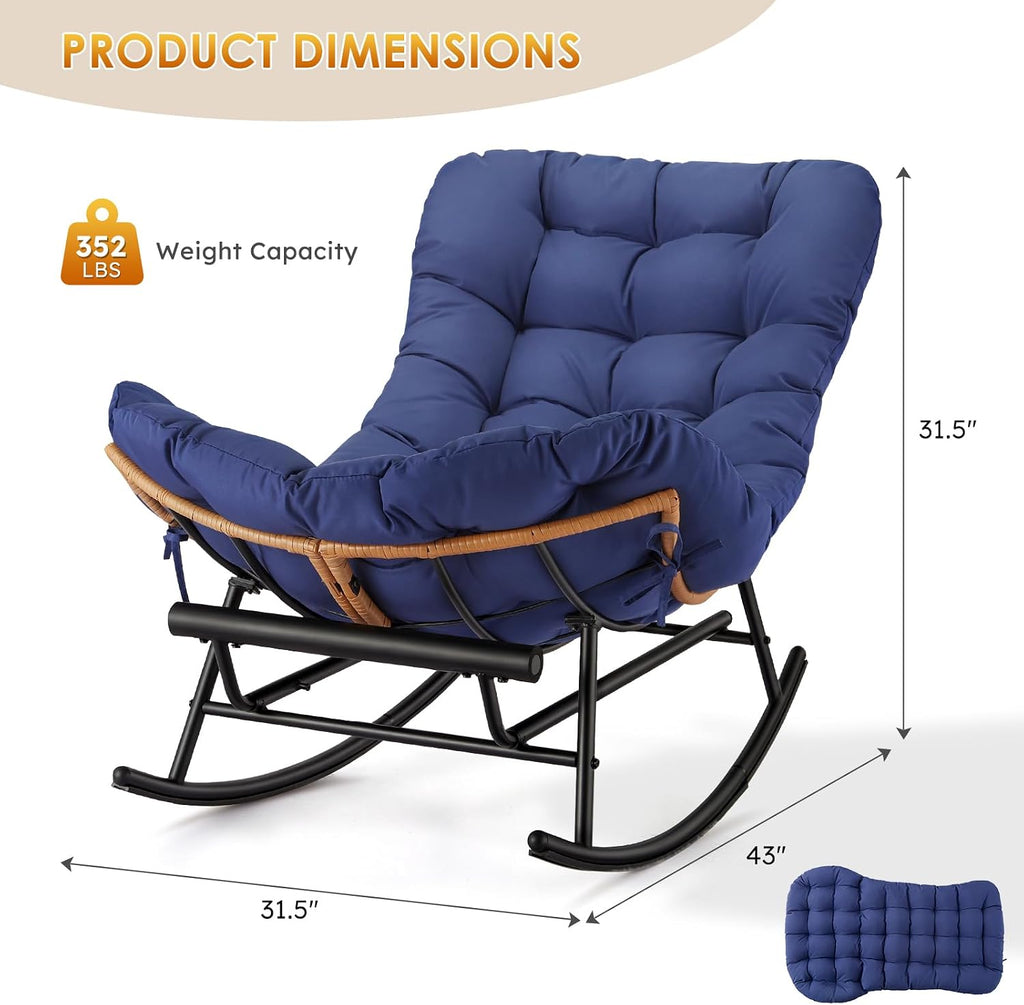 Indoor Papasan Rocking Chair, Rattan Rocker with Extendable Footrest & Detachable Polyester Cushion, 450lbs Sturdy Large Reading Lounge for Indoor Bedroom Living Room, Royal Blue