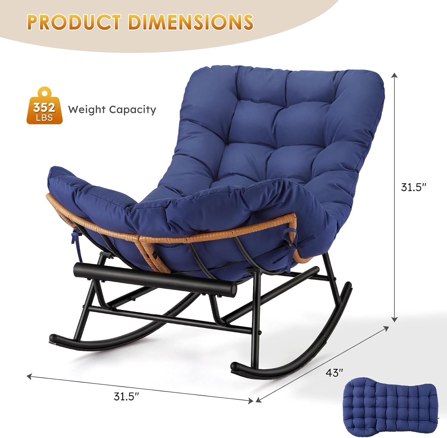 Indoor Papasan Rocking Chair, Rattan Rocker with Extendable Footrest & Detachable Polyester Cushion, 450lbs Sturdy Large Reading Lounge for Indoor Bedroom Living Room, Royal Blue