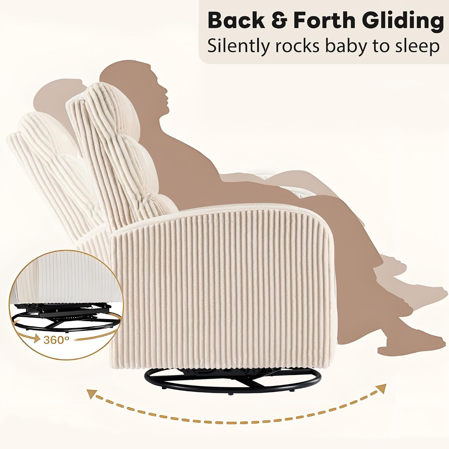 Swivel Rocker Chair, 360°Swivel Rocker Chairs with High Back Arms, Rocking Lazy Boy Chairs, Upholstered Swivels Corduroy Glider for Living Room, Bedroom, Nursing, Beige