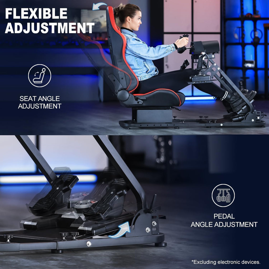 Marada Flight Sim Cockpit with Red Seat and Racing Wheel Stand for Driving and Flight Simulator Fit for Thrustmaster HOTAS Warthog, for Logitech Adjustable |Throttle,Joystick,Keyboard not Included