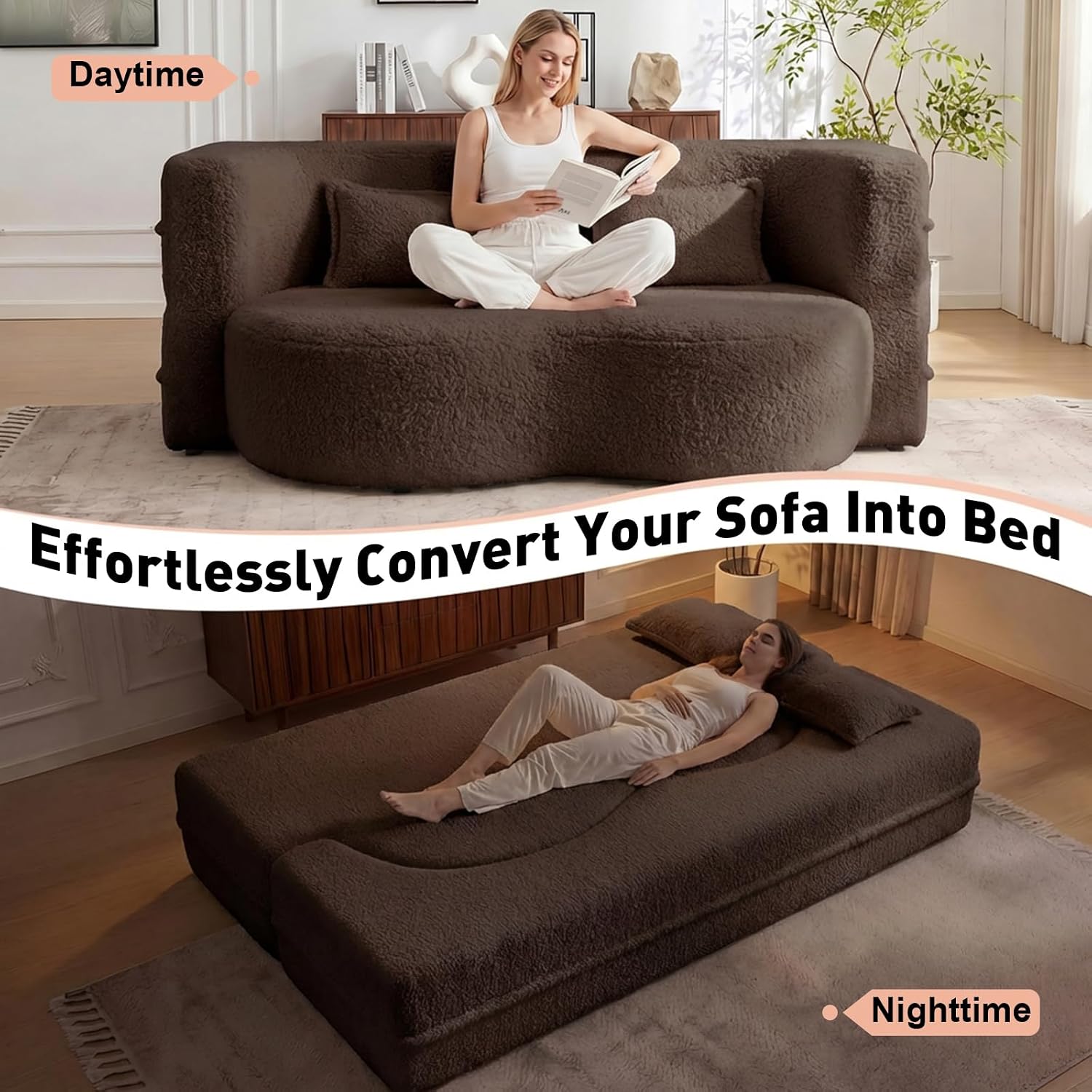 78' Full Size Convertible Folding Sofa Bed, Modern Teddy Fabric Futon Sofa Bed with 2 Pillows, Foam Mattress Futon Loveseat Couch, No Assembly Floor Couches for Living Room, Playroom, Apartment, Brown