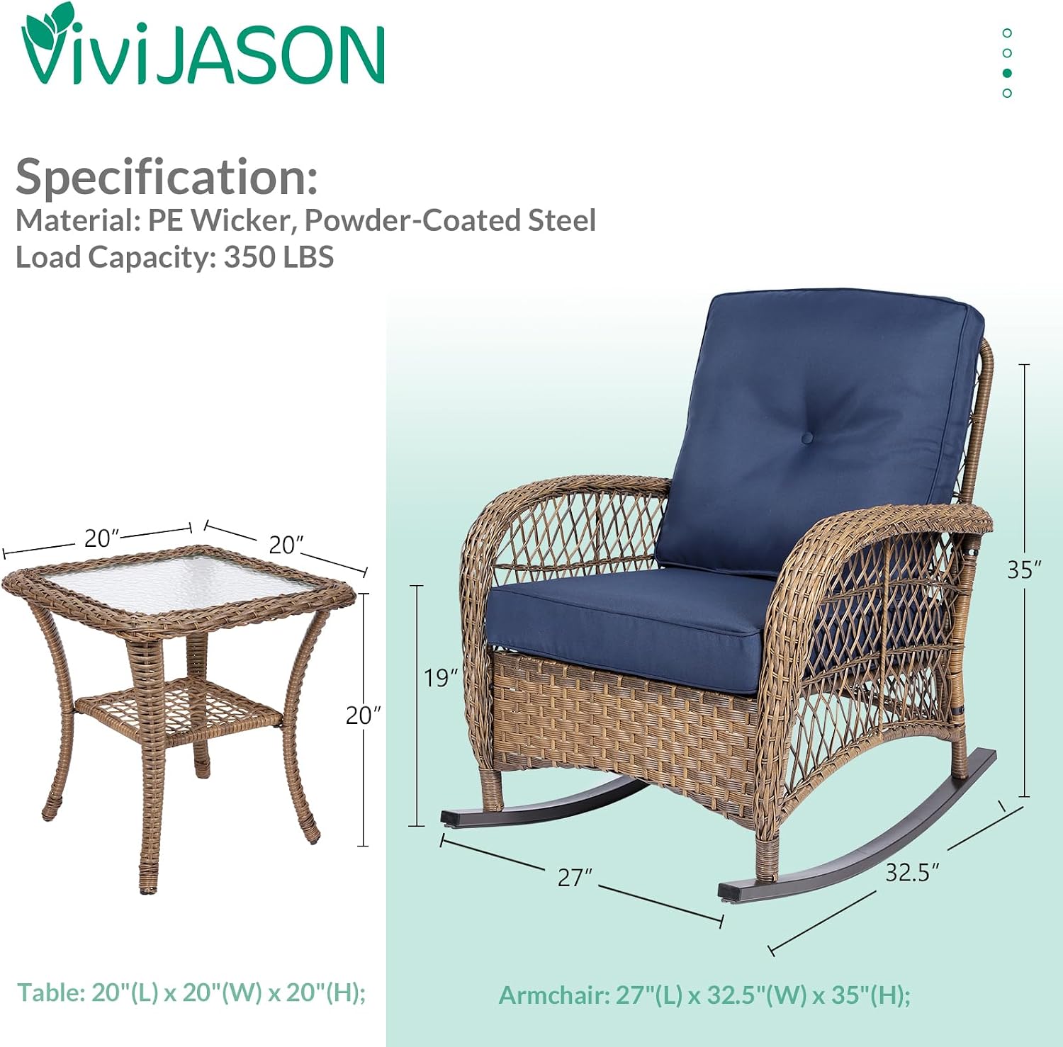 VIVIJASON 3-Piece Outdoor Conversation Bistro Set, Patio Wicker Rocking Chairs Rattan Furniture Sets w/ 2 Rattan Chairs, Cushions, Glass Top Side Table for Garden Porch Backyard (Navy Blue)