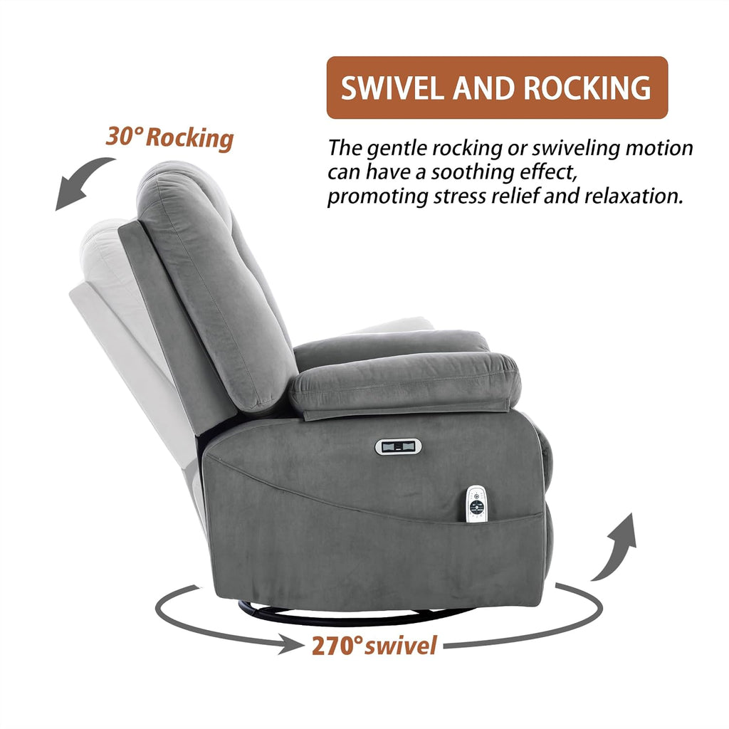 Ketaiyou Power Swivel Rocker Recliner with Massage and Heat, USB and Type-C Port, Infinite Position, Electric Glider Rocking Chairs Living Room, Soft Fabric Reclining Sofa Chair (Velvet Grey)