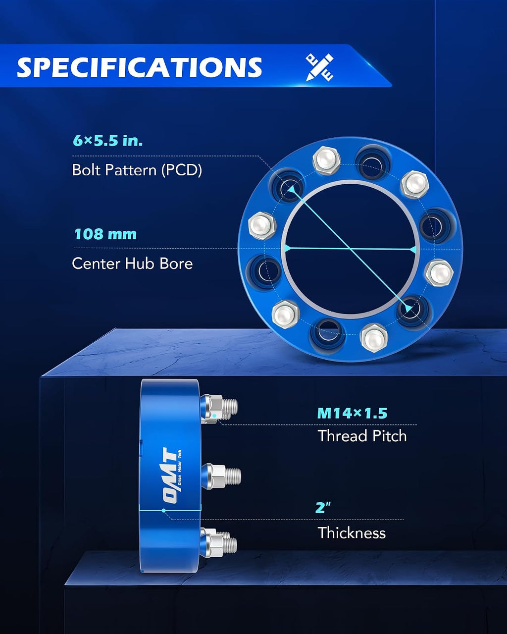 Orion Motor Tech 6x5.5 Wheel Spacers, 2 Inch Blue Wheel Spacer Kit with M14x1.5 Studs Compatible with Chevy Silverado 1500 Chevrolet Tahoe GMC Yukon Suburban, 108mm Bore Blue Wheel Spacers