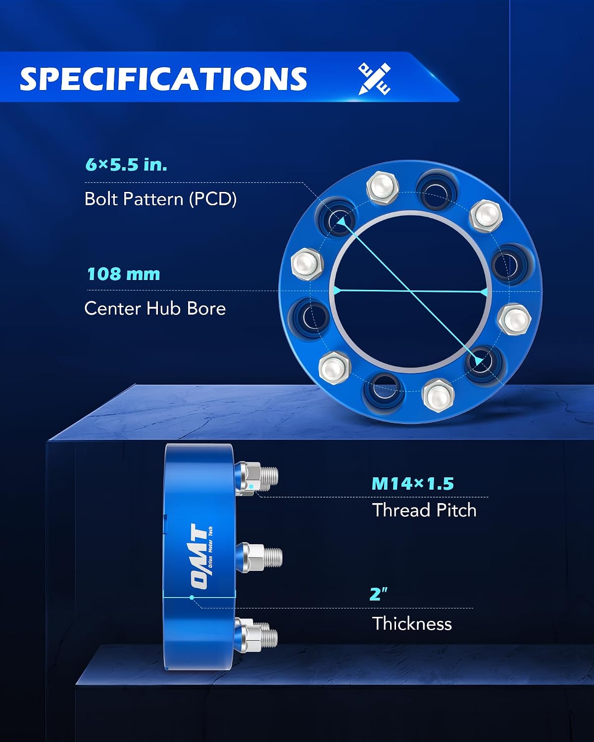Orion Motor Tech 6x5.5 Wheel Spacers, 2 Inch Blue Wheel Spacer Kit with M14x1.5 Studs Compatible with Chevy Silverado 1500 Chevrolet Tahoe GMC Yukon Suburban, 108mm Bore Blue Wheel Spacers