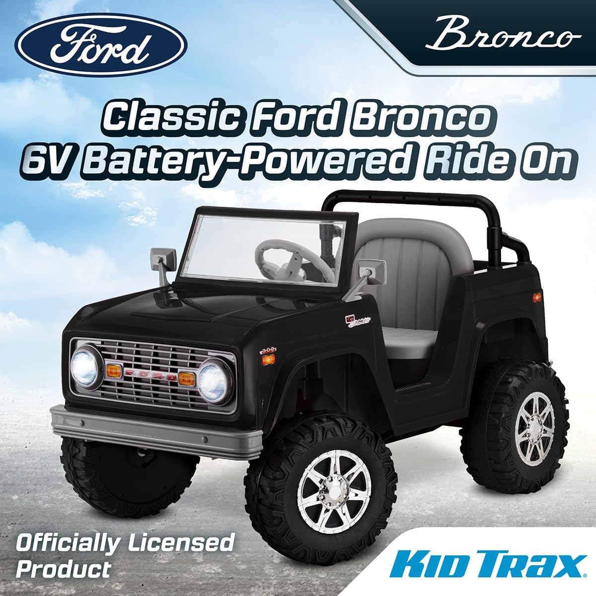 Kid Trax 6V Ford Bronco Ride-On Toy for Ages 3-5, Battery Powered, LED Headlights, FM Radio, MP3, Horn Sounds, Max Weight 60 lb, Electric Car for Kids, Kids Ride On Toys, Truck, SUV, Black, No Remote