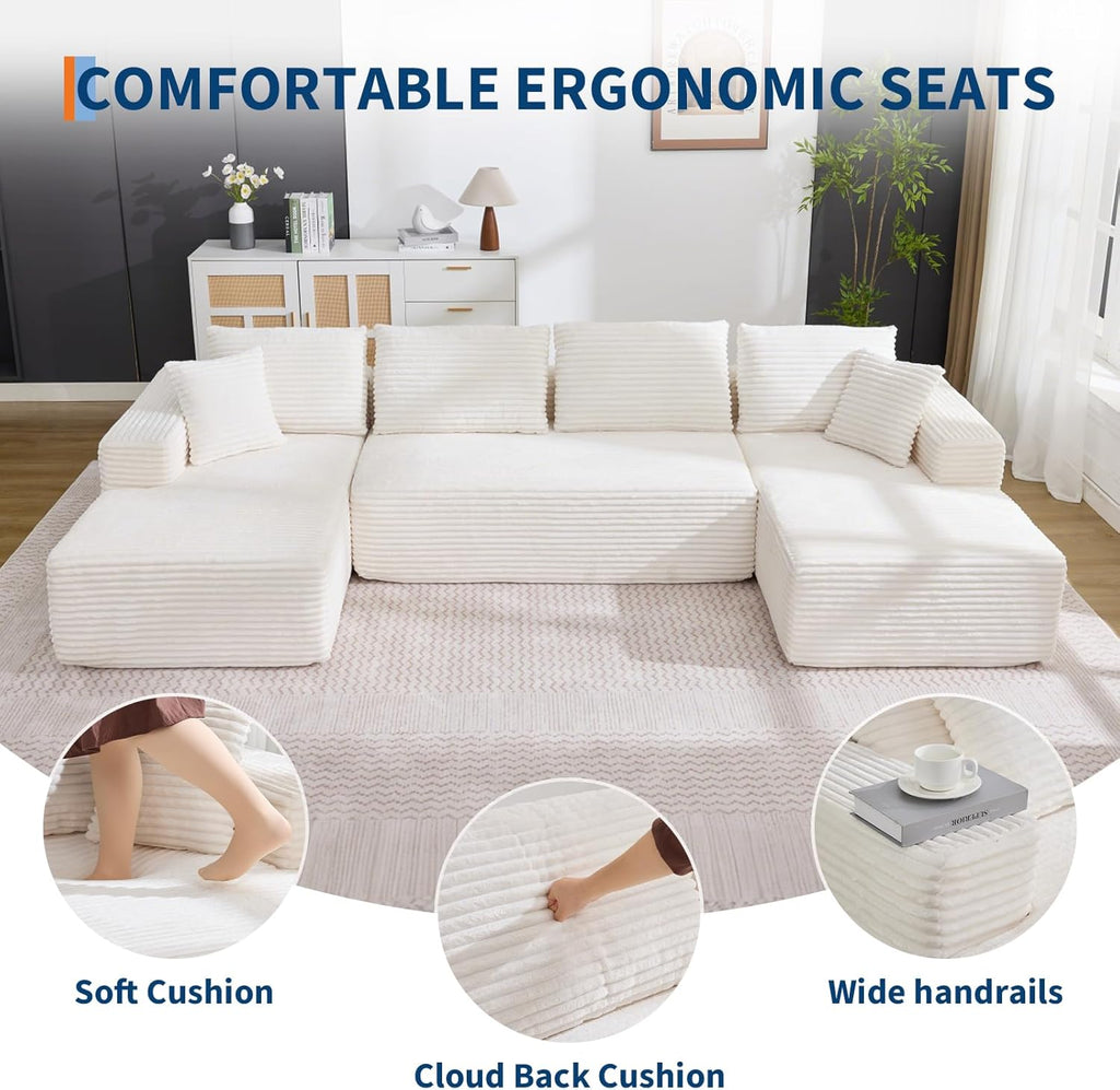 Garvee Boneless Couch U Shaped Sectional 130'' Modern Modular Cloud Couch with 2 Chaise Lounge, 4-Seat Corduroy Deep Seat Sofa with Pillows for Living Room