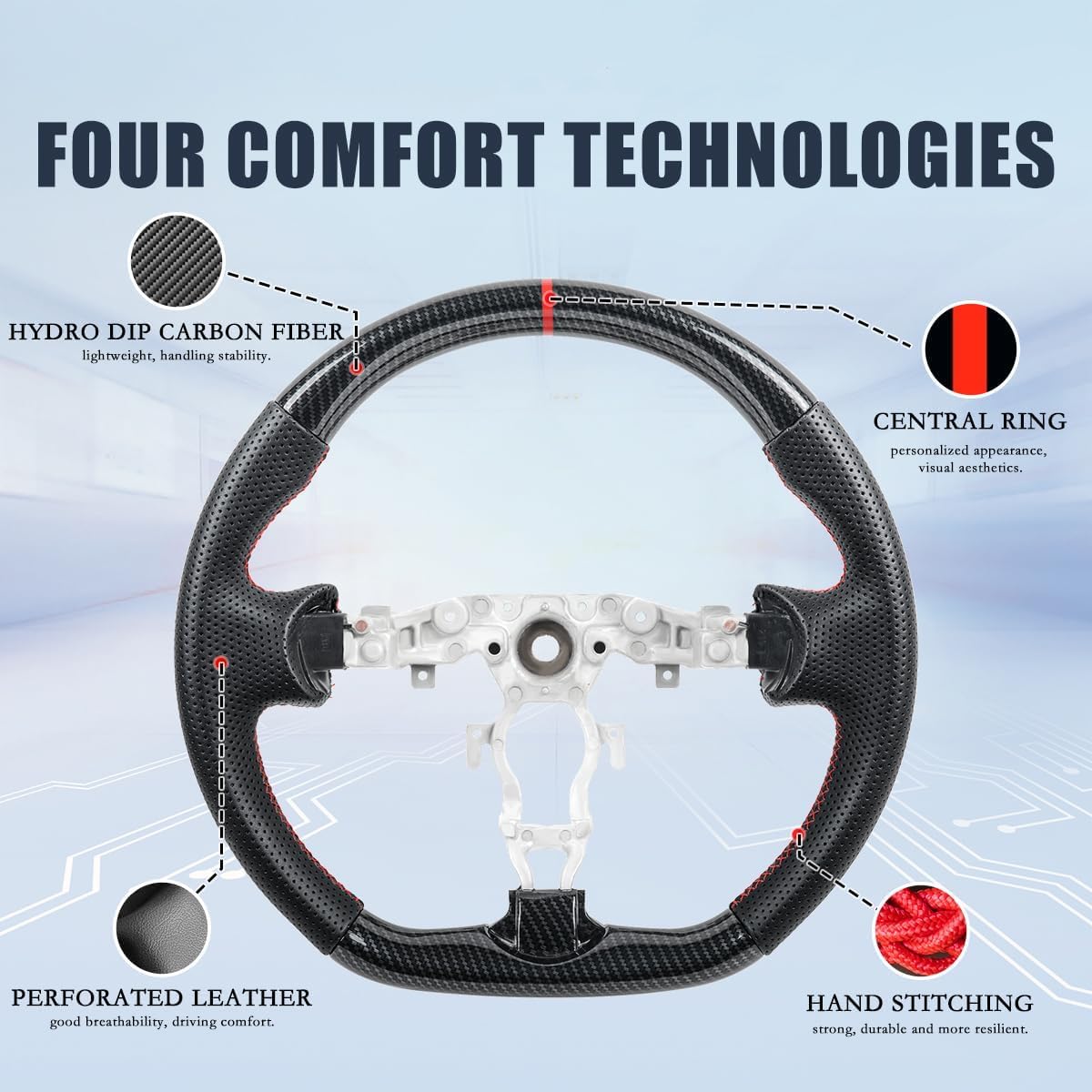 Carbon Fiber Style Steering Wheel for Nissan 370Z 2009-2020, Juke 2011-2017, Maxima 2009-2014, Fits Infiniti FX35 FX37 FX50 QX70 2009-2017, Red Stitching Flat Bottom Sport Grip Replacement